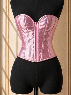 Holographic Pink Strapless Front-Zip Waist-Cincher Corset